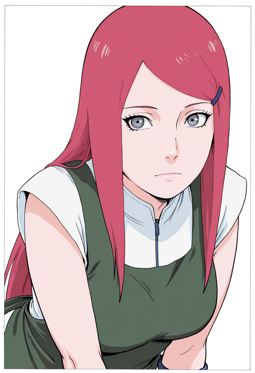 1girl, ai-generated, breasts, collar_dress, grey_eyes, highres, long_hair, mature_female, naruto_(series), non-web_source, red_hair, shirt, short_sleeves, swept_bangs, uzumaki_kushina
