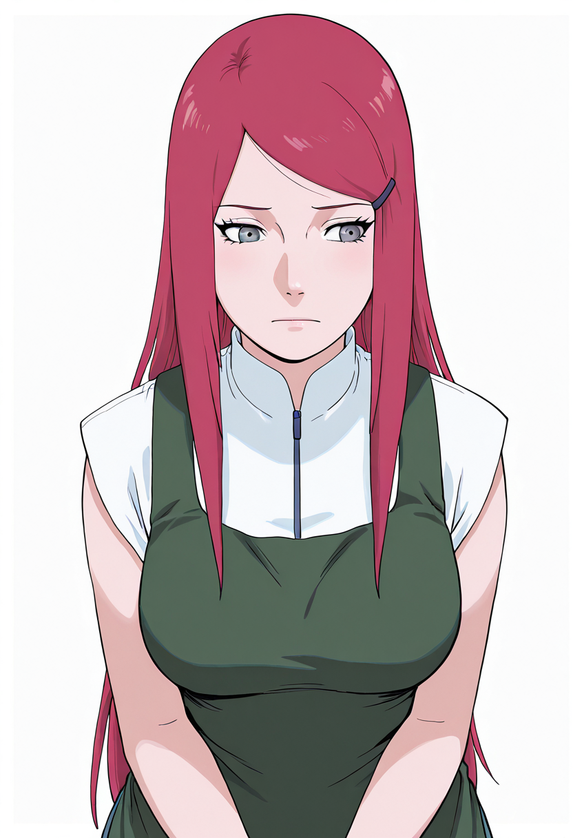 1girl, ai-generated, breasts, collar_dress, grey_eyes, highres, long_hair, mature_female, naruto_(series), non-web_source, red_hair, shirt, short_sleeves, swept_bangs, uzumaki_kushina