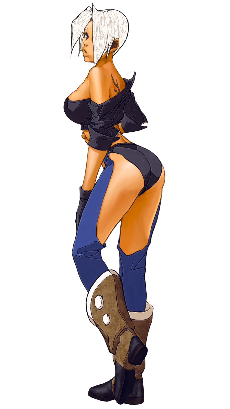 ass, back, blue_eyes, boots, breasts, chaps, cowboy_boots, fingerless_gloves