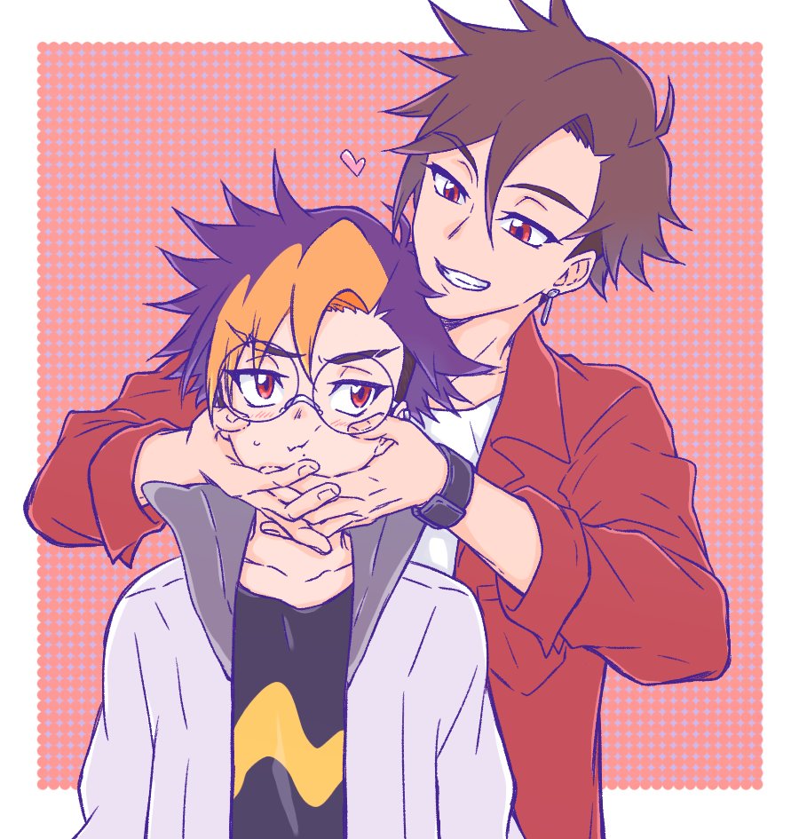 2boys, 74m6dg, black_shirt, blonde_hair, blue_hair, border, brothers, brown_eyes, brown_hair, digimon, digimon_beatbreak, glasses, jacket, male_focus, multicolored_hair, multiple_boys, pink_background, red_jacket, round_eyewear, shirt, short_hair, siblings, tenma_asuka, tenma_tomoro, two-tone_hair, upper_body, violet_eyes, white_border, white_jacket, white_shirt