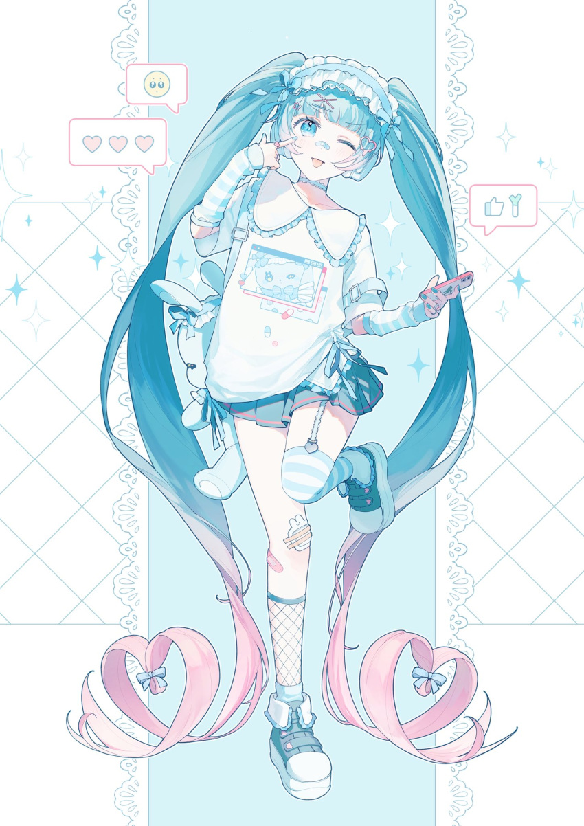 1girl, alternate_costume, animal_bag, asymmetrical_legwear, bandaid, bandaid_on_face, bandaid_on_nose, blue_bag