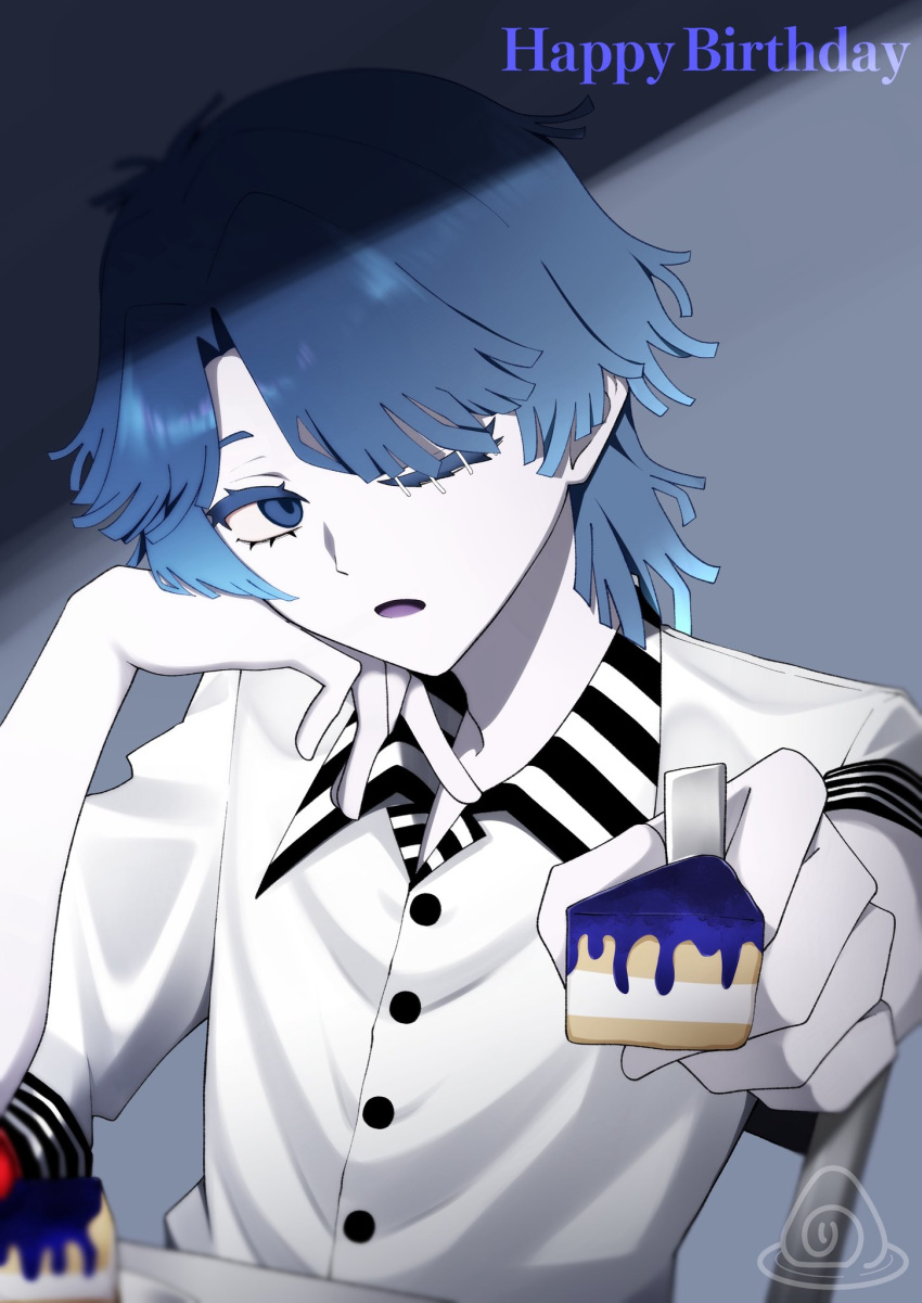 1boy, ado_(utaite), blue_eyes, blue_hair, cake, commentary_request, food, fork