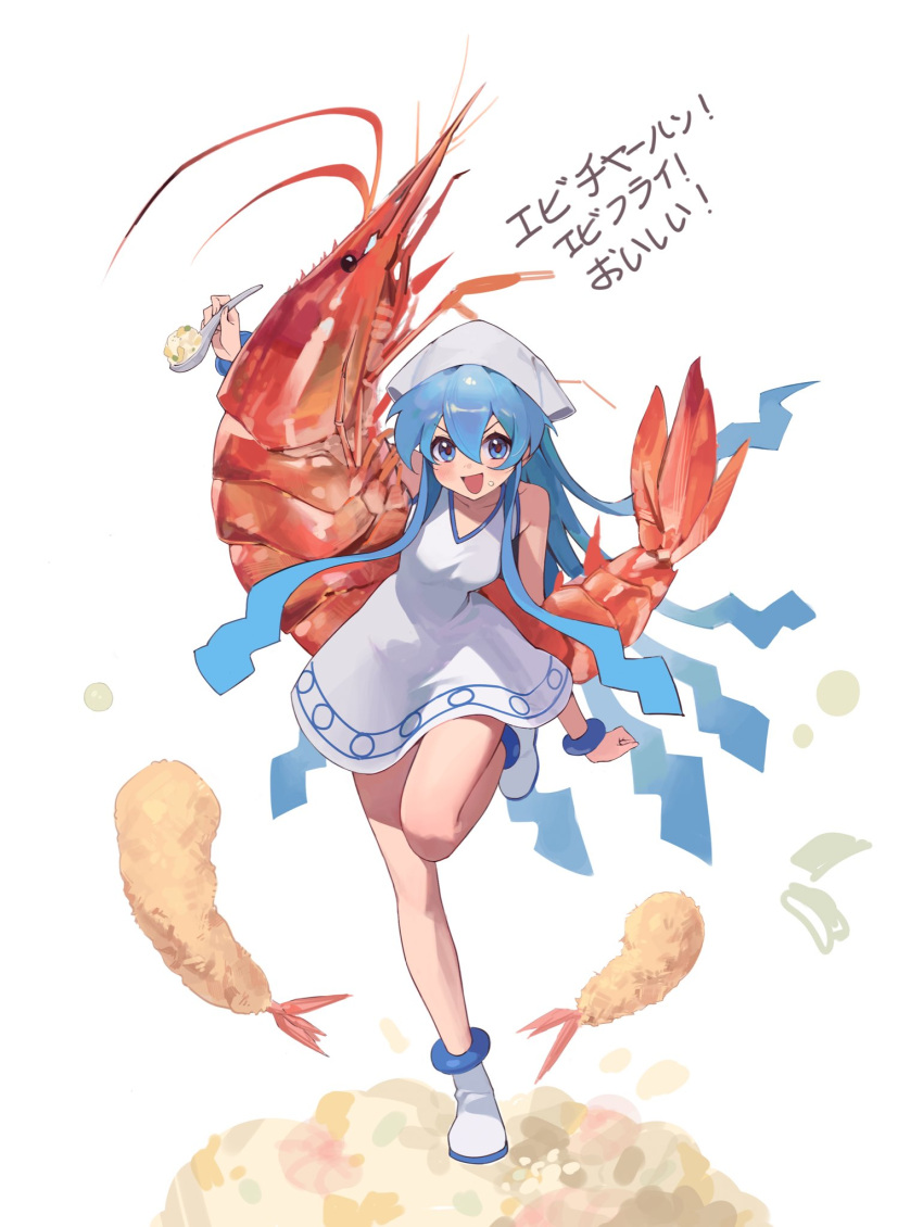 1girl, blue_eyes, blue_hair, bracelet, breasts, coloringday, dress, food