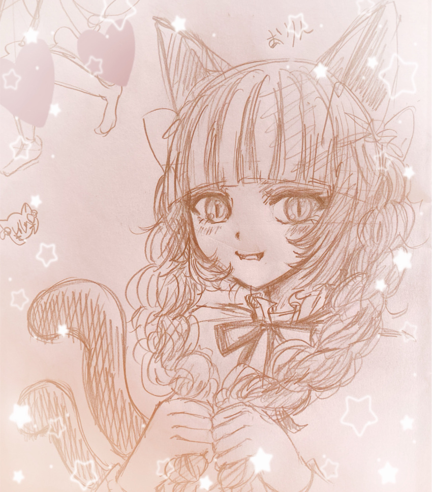 1girl, animal_ears, blunt_bangs, blush, bow, bowtie, braid, cat_ears