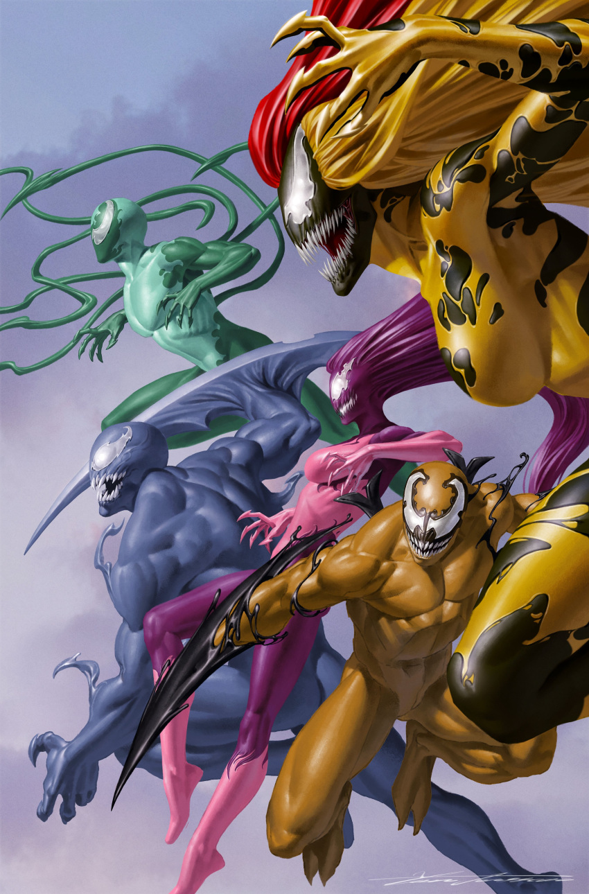 2girls, 3boys, absurdres, agony_(marvel), aqua_skin, blue_skin, colored_skin, comic_cover, commentary, covered_abs, covered_pectorals, english_commentary, gradient_background, grey_background, highres, lasher_(marvel), long_hair, marvel, monster_boy, monster_girl, multiple_boys, multiple_girls, muscular, muscular_male, no_pupils, official_art, open_mouth, pectorals, phage_(marvel), purple_skin, riot_(marvel), scream_(marvel), sharp_teeth, signature, slime_boy, slime_girl, symbiote, teeth, tendril, yellow_skin, yoon_junggeun