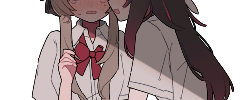 22_rink, 2girls, alternate_costume, black_hair, blush, bow, bowtie, collared_shirt