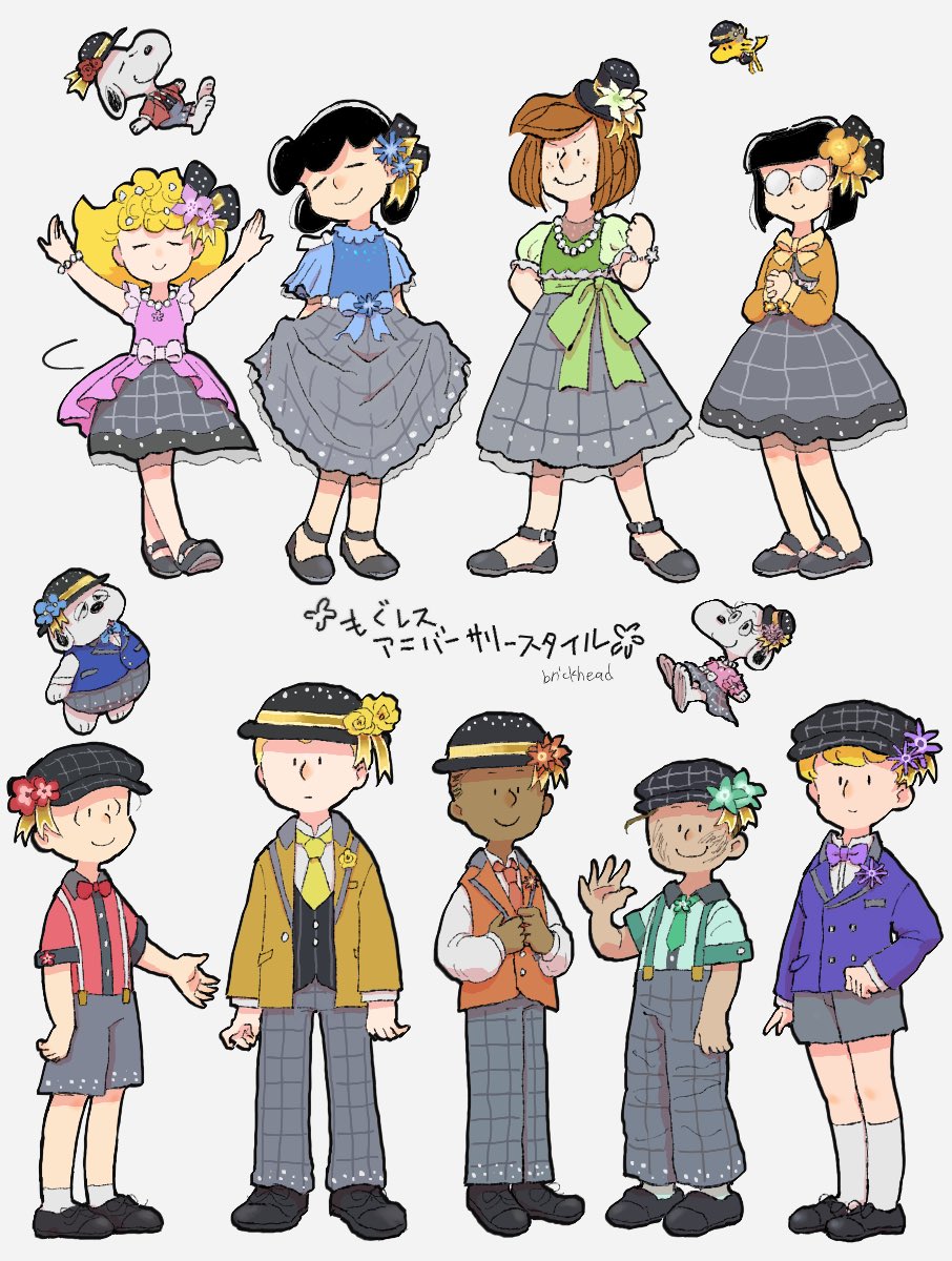 4girls, 5boys, alternate_costume, belle_(peanuts), beret, black_hair, blonde_hair, bow