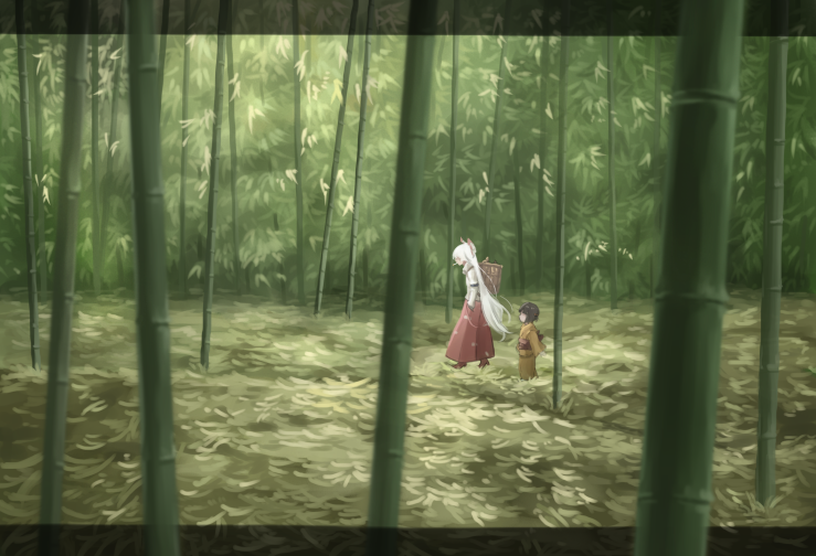 2girls, armband, bamboo, bamboo_forest, black_hair, blurry, bob_cut, bow