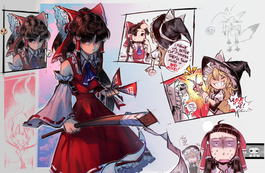 ahoge, bare_shoulders, black_vest, blonde_hair, blunt_bangs, bow, brown_hair, commentary, cutting_another's_hair, cutting_hair, detached_sleeves, english_text, expressionless, gohei, grin, hair_between_eyes, hair_tubes, hakurei_reimu, hakurei_reimu_(fox), hat, highres, holding, holding_gohei, holding_ofuda, holding_scissors, houraisan_kaguya, kirisame_marisa, long_hair, ofuda, parted_lips, red_bow, red_eyes, red_shirt, red_skirt, reference_inset, scissors, shirt, short_bangs, short_sleeves, skirt, sleep_(isliping), sleeveless, sleeveless_shirt, smile, speech_bubble, sweat, sweatdrop, touhou, vest, white_shirt, witch_hat
