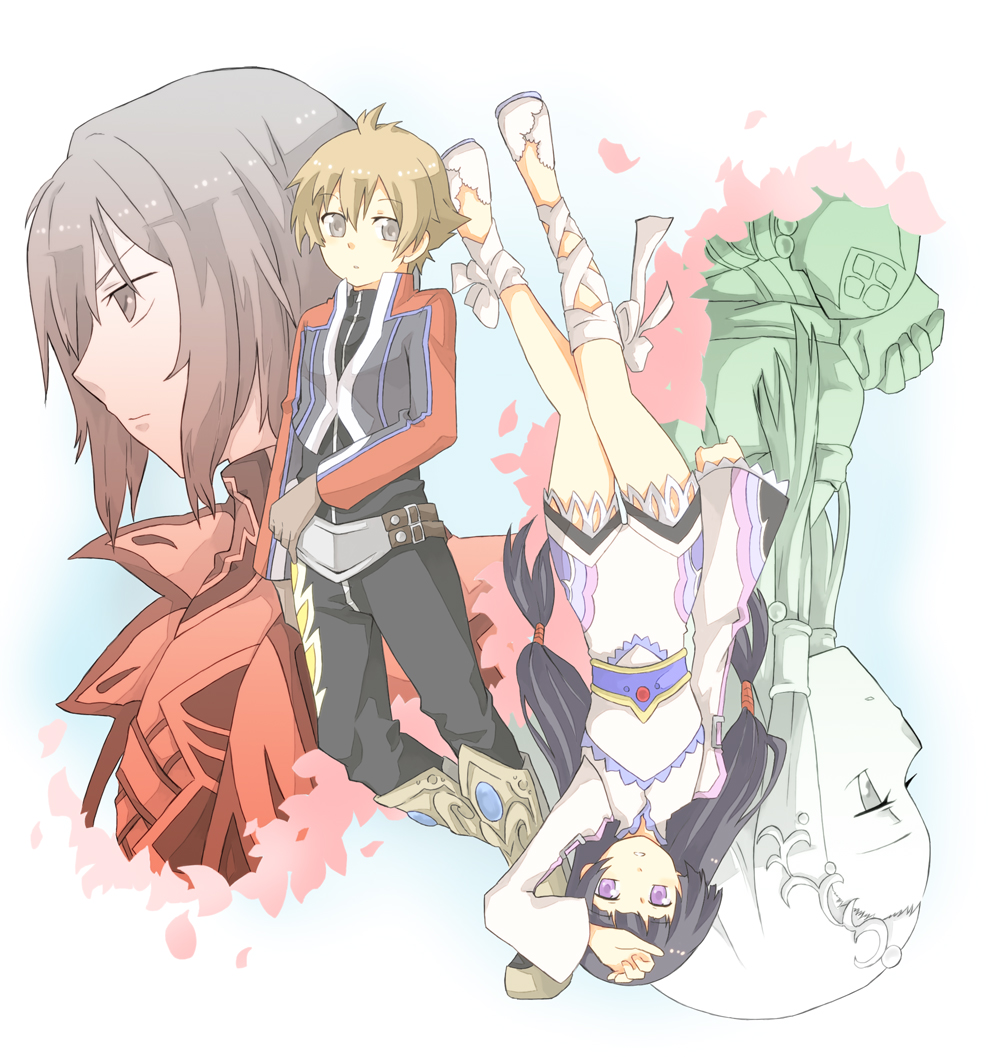 2girls, ahoge, always0722, belt, black_hair, boots, brown_hair, creed_graphite