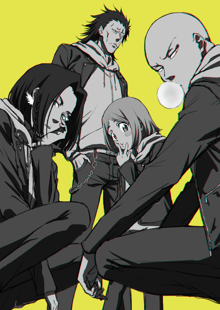 1girl, 3boys, arm_between_legs, ayasegawa_yumichika, bald, bleach, bleach:_sennen_kessen-hen, blowing_bubbles