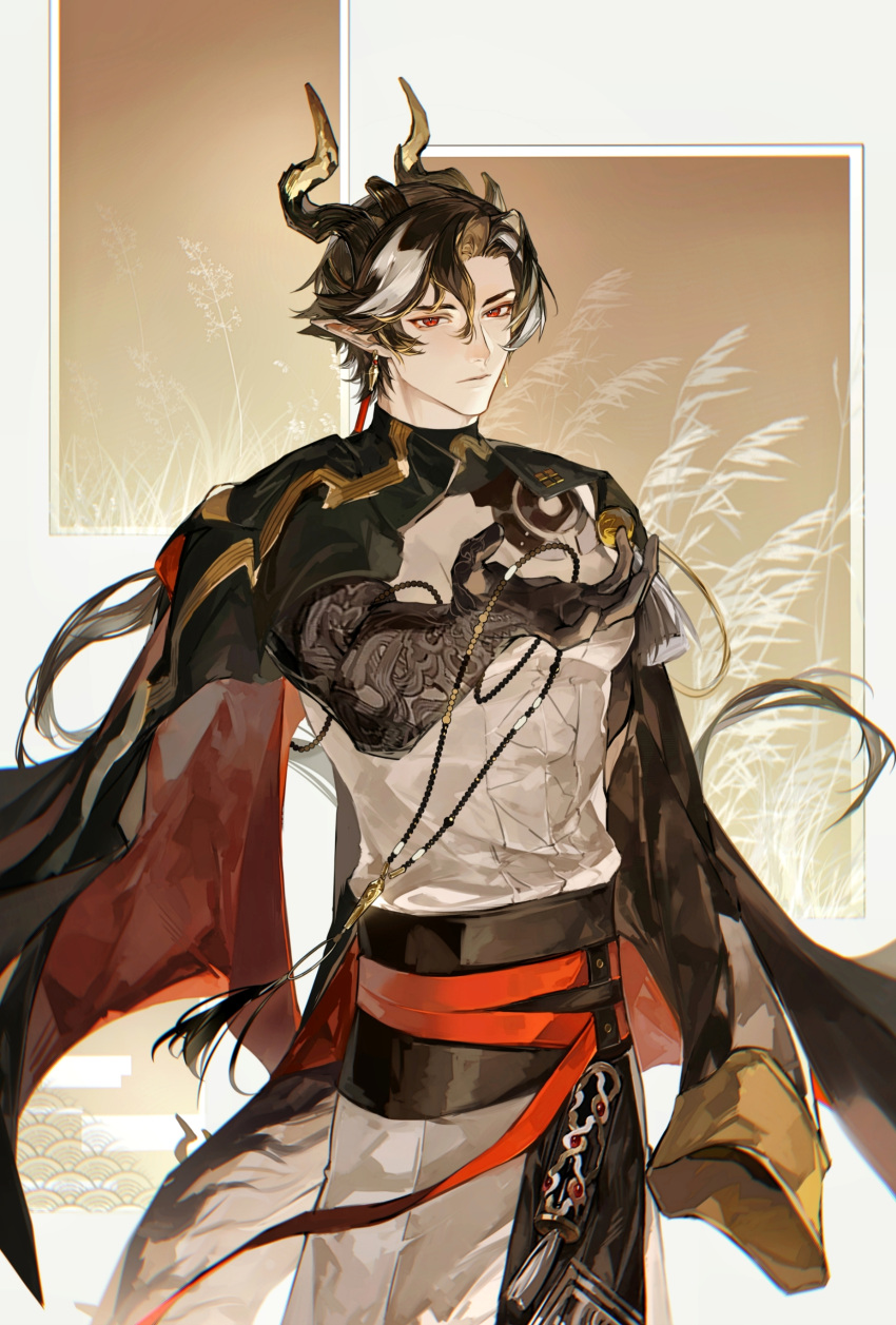 1boy, absurdres, arknights, bead_necklace, beads, brown_coat, brown_hair, chinese_clothes