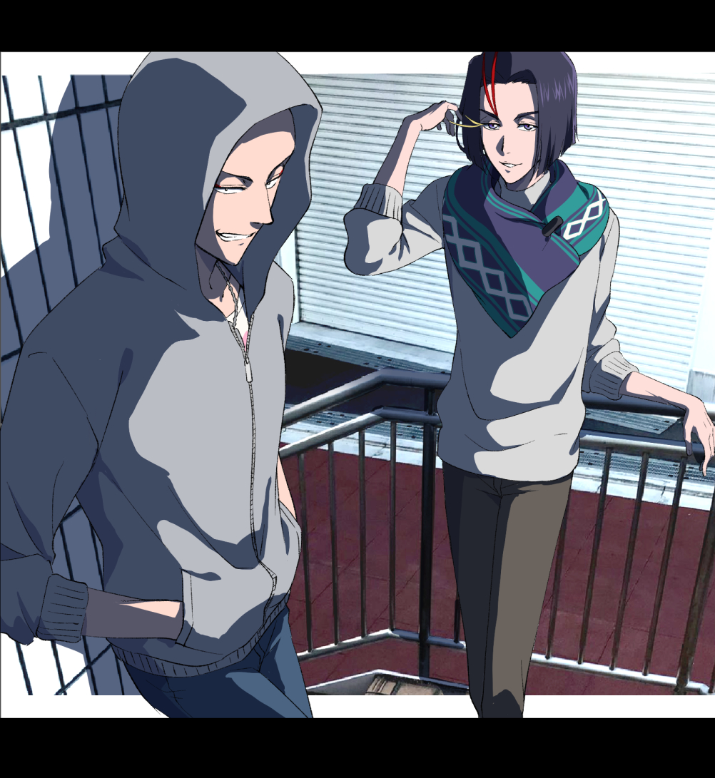 2boys, against_railing, asymmetrical_eyelashes, ayasegawa_yumichika, bald, black_hair, bleach, blue_pants
