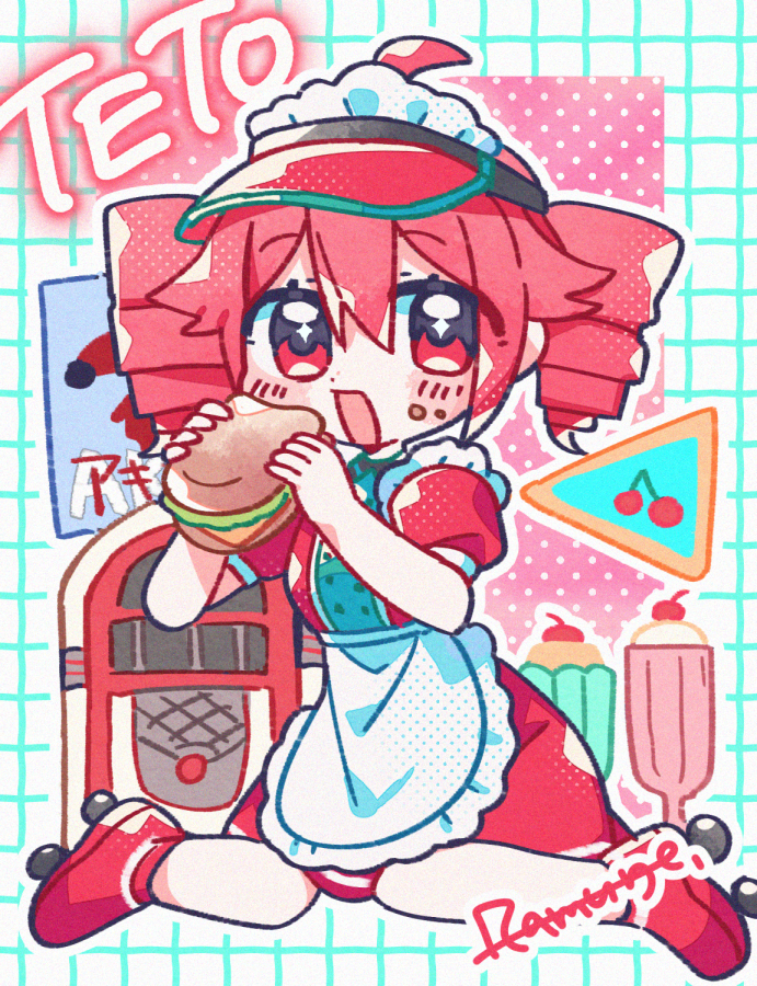 1girl, :d, apron, blush_stickers, burger, character_name, cherry, commentary_request