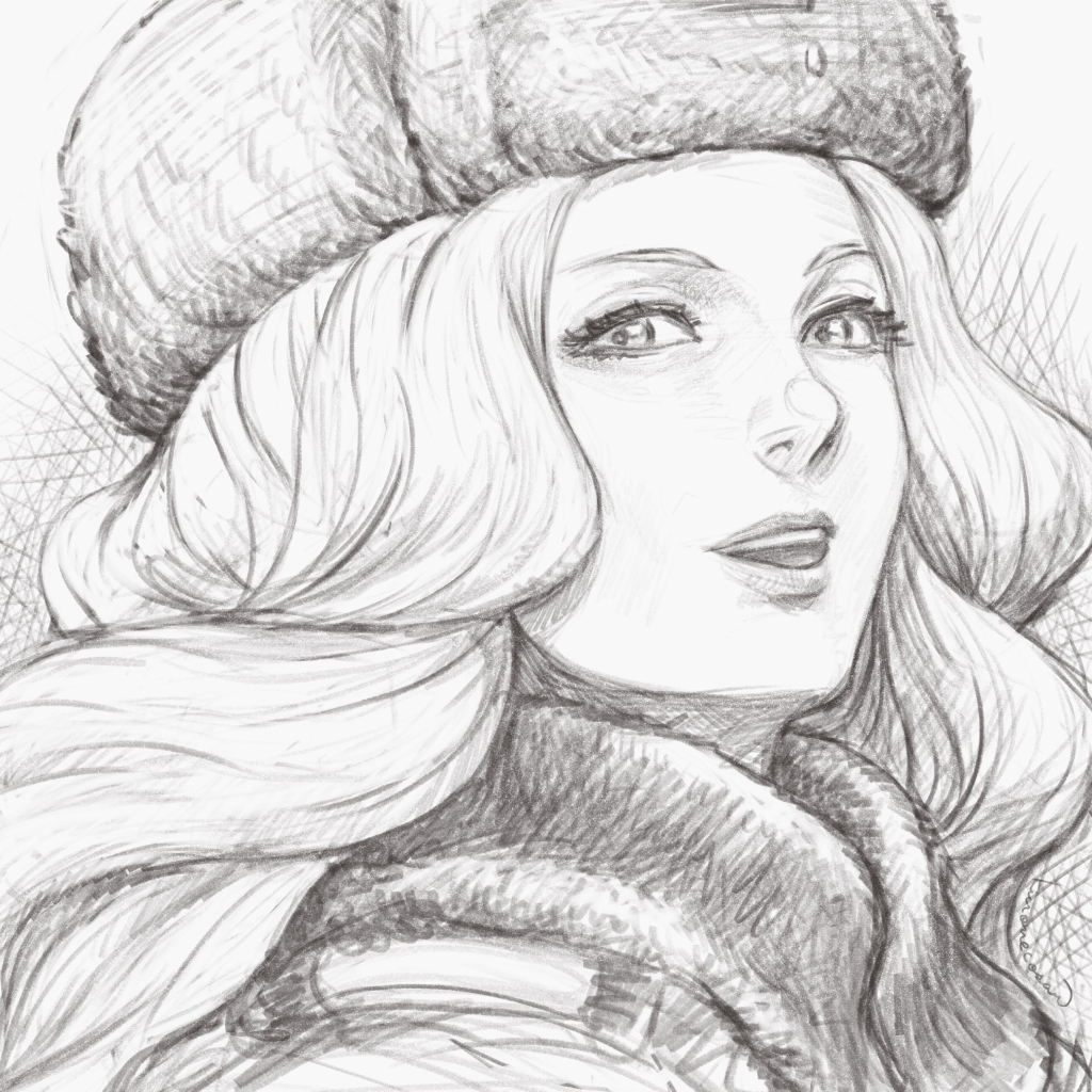 1girl, commentary_request, crosshatching, fur_hat, greyscale, hat, hatching_(texture), kolin