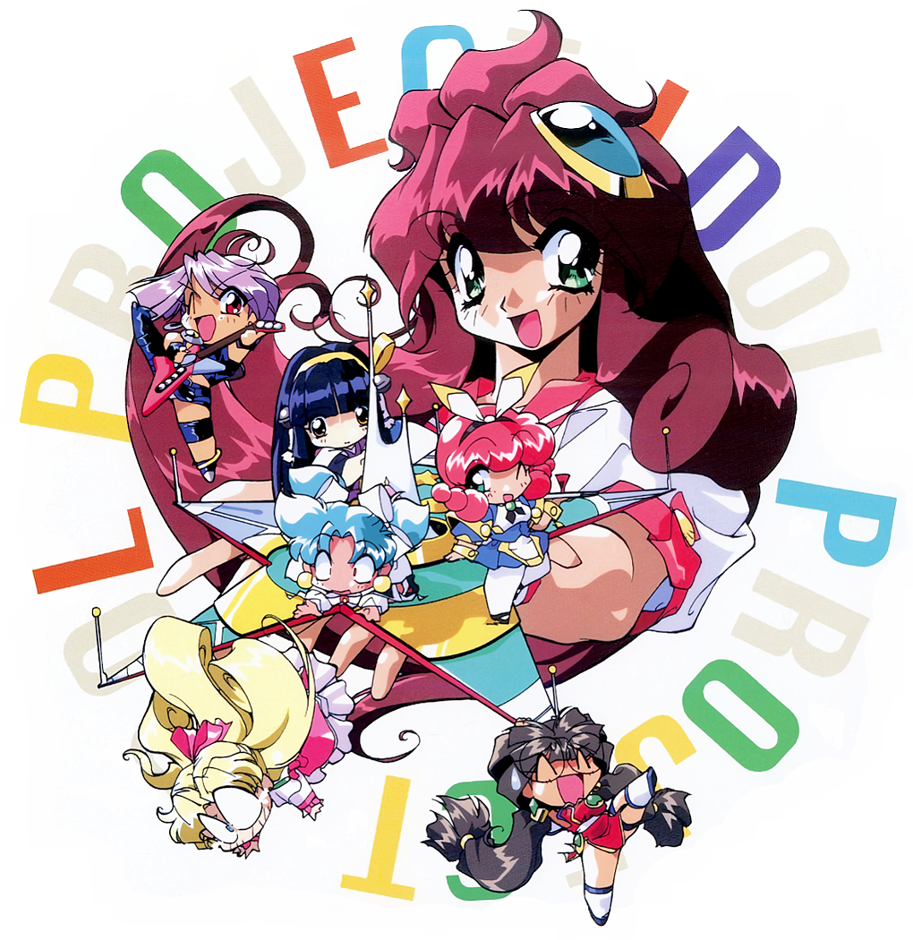 1980s_(style), 1990s_(style), 6+girls, ^_^, aqua_eyes, black_hair, blonde_hair, blue_hair