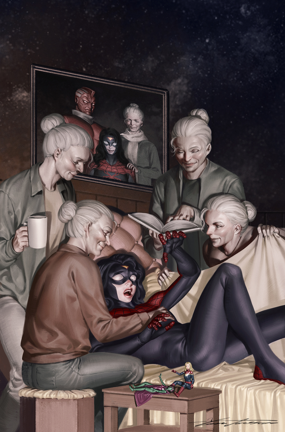 1boy, 6+girls, black_bodysuit, black_hair, bodysuit, book, captain_marvel, carol_danvers