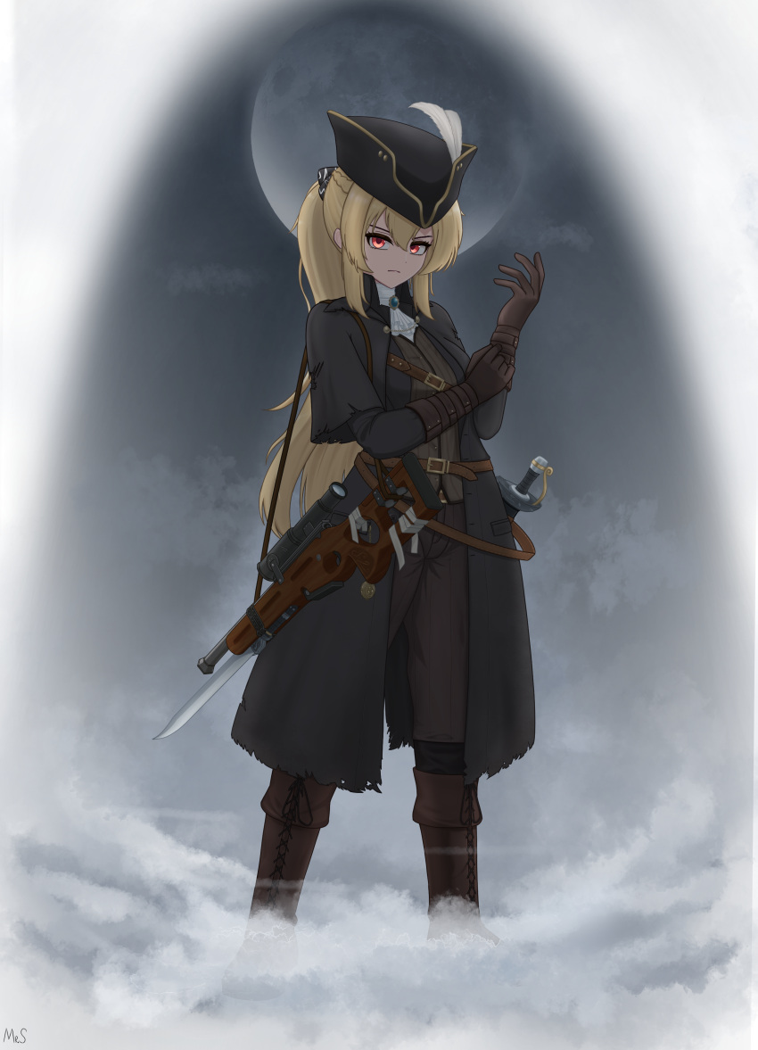 1girl, absurdres, adjusting_clothes, adjusting_gloves, blonde_hair, boots, brown_boots, brown_vest
