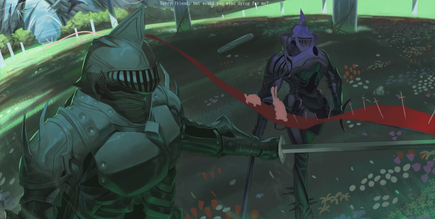 2boys, absurdres, adaman_(black_souls), armor, black_souls, english_text, field, full_armor, grass, green_armor, highres, holding, holding_sword, holding_weapon, l-mi'raj_(black_souls), lhunterz, multiple_boys, purple_armor, sword, weapon, wide_shot