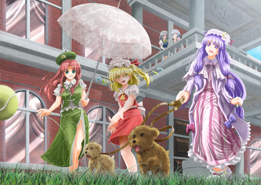 ascot, ball, bat_wings, blonde_hair, blue_eyes, blue_hair, bow, braid, china_dress, chinese_clothes, dog, fang, flandre_scarlet, haruru_(twosocks), hat, hong_meiling, izayoi_sakuya, leash, long_hair, maid, maid_headdress, multiple_girls, parasol, patchouli_knowledge, purple_eyes, purple_hair, red_hair, redhead, remilia_scarlet, short_hair, silver_hair, star, tennis_ball, touhou, twin_braids, umbrella, violet_eyes, wings, yellow_eyes
