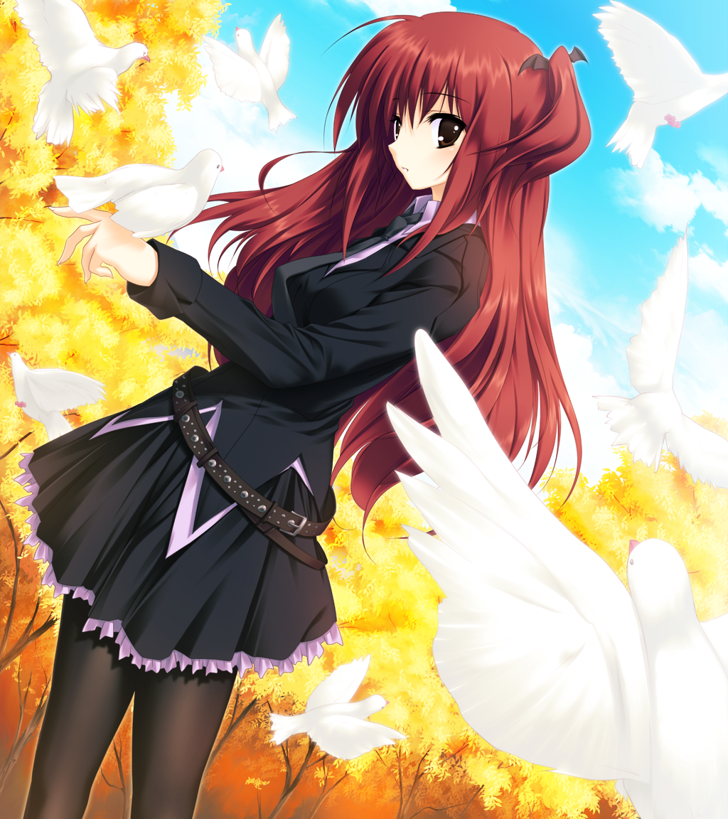 belt, bird, blazer, brown_eyes, dove, game_cg, hair_ornament, long_hair
