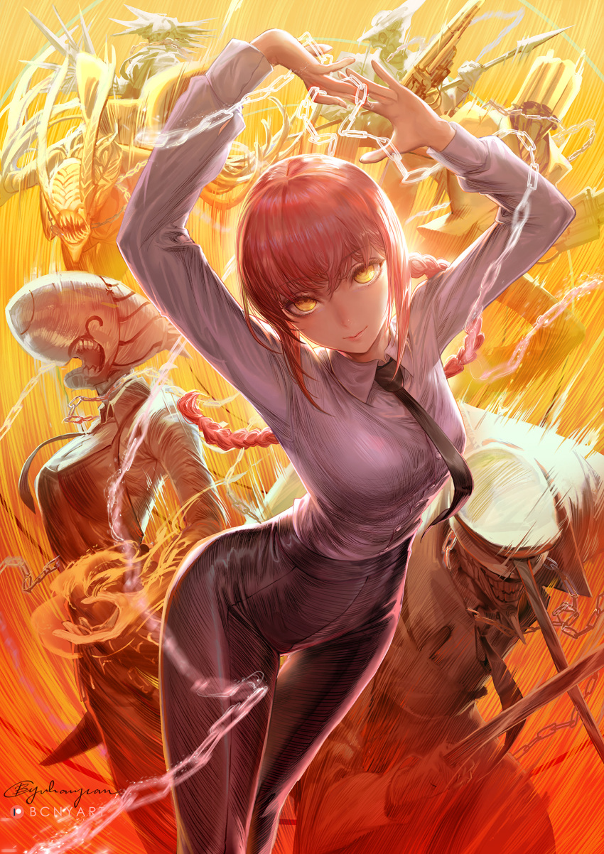 apron, arms_up, b.c.n.y., black_necktie, black_pants, bomb_devil_(chainsaw_man), braid, braided_ponytail, chain, chainsaw_man, collared_shirt, commentary_request, crossbow_devil_(chainsaw_man), flamethrower_devil_(chainsaw_man), hat, high-waist_pants, highres, holding, holding_polearm, holding_weapon, katana_man_(chainsaw_man), looking_at_viewer, makima_(chainsaw_man), necktie, open_mouth, pants, peaked_cap, polearm, red_hair, ringed_eyes, sharp_teeth, shirt, shirt_tucked_in, spear, spear_devil_(chainsaw_man), spoilers, teeth, weapon, whip_devil_(chainsaw_man), yellow_eyes