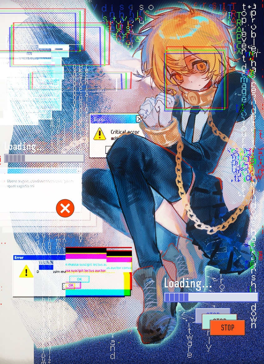 1girl, black_necktie, black_skirt, black_thighhighs, blonde_hair, bound, bound_wrists, chain