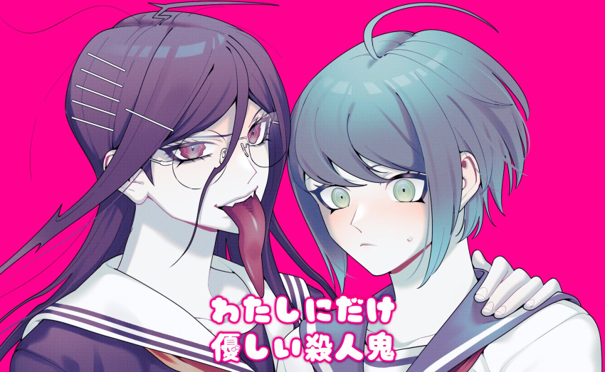 2girls, ahoge, blue_sailor_collar, collarbone, commentary_request, danganronpa_(series), danganronpa_another_episode:_ultra_despair_girls, eyelashes