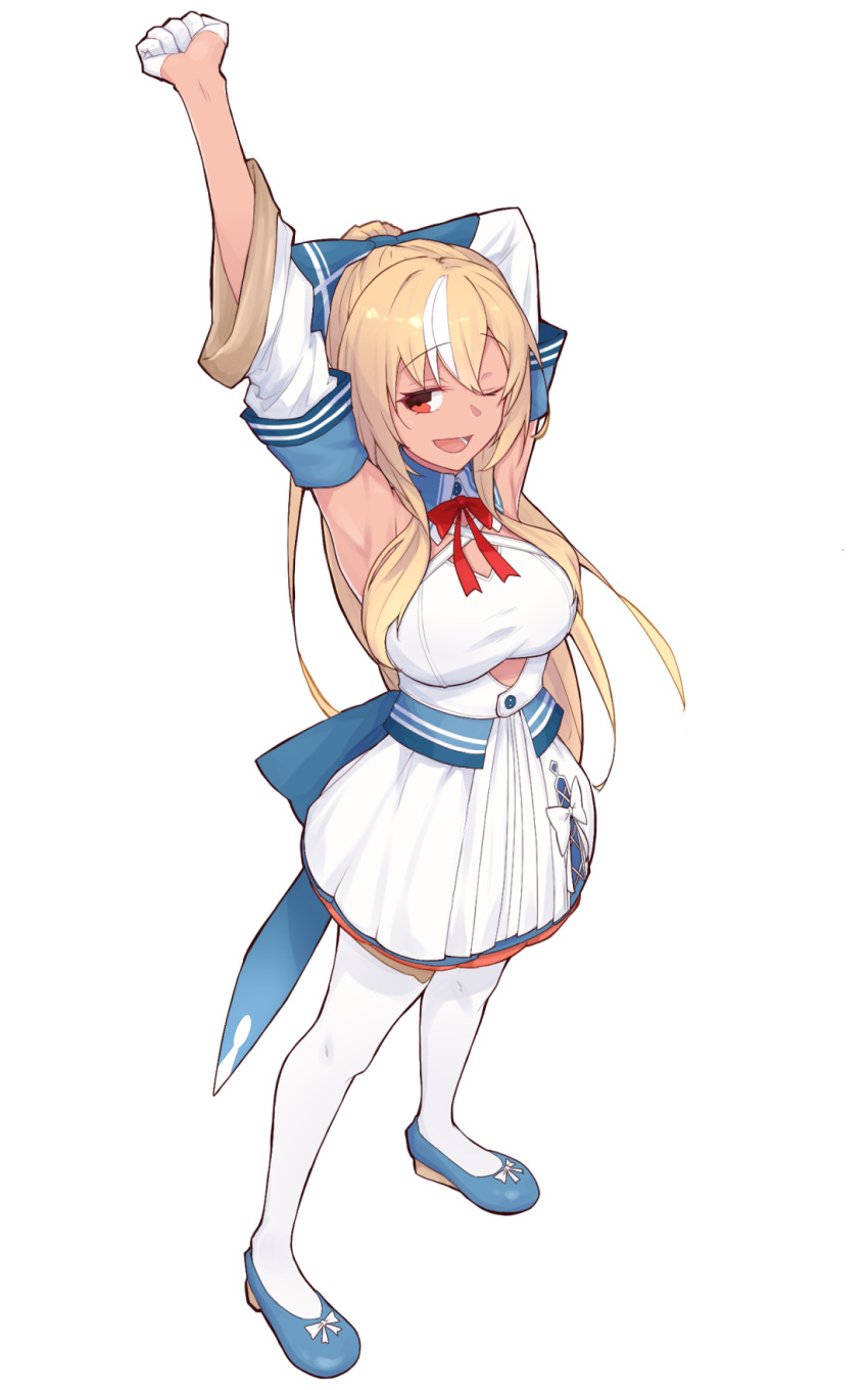 1girl, ;d, arm_behind_head, armpits, back_bow, blonde_hair, blue_bow, blue_shoes