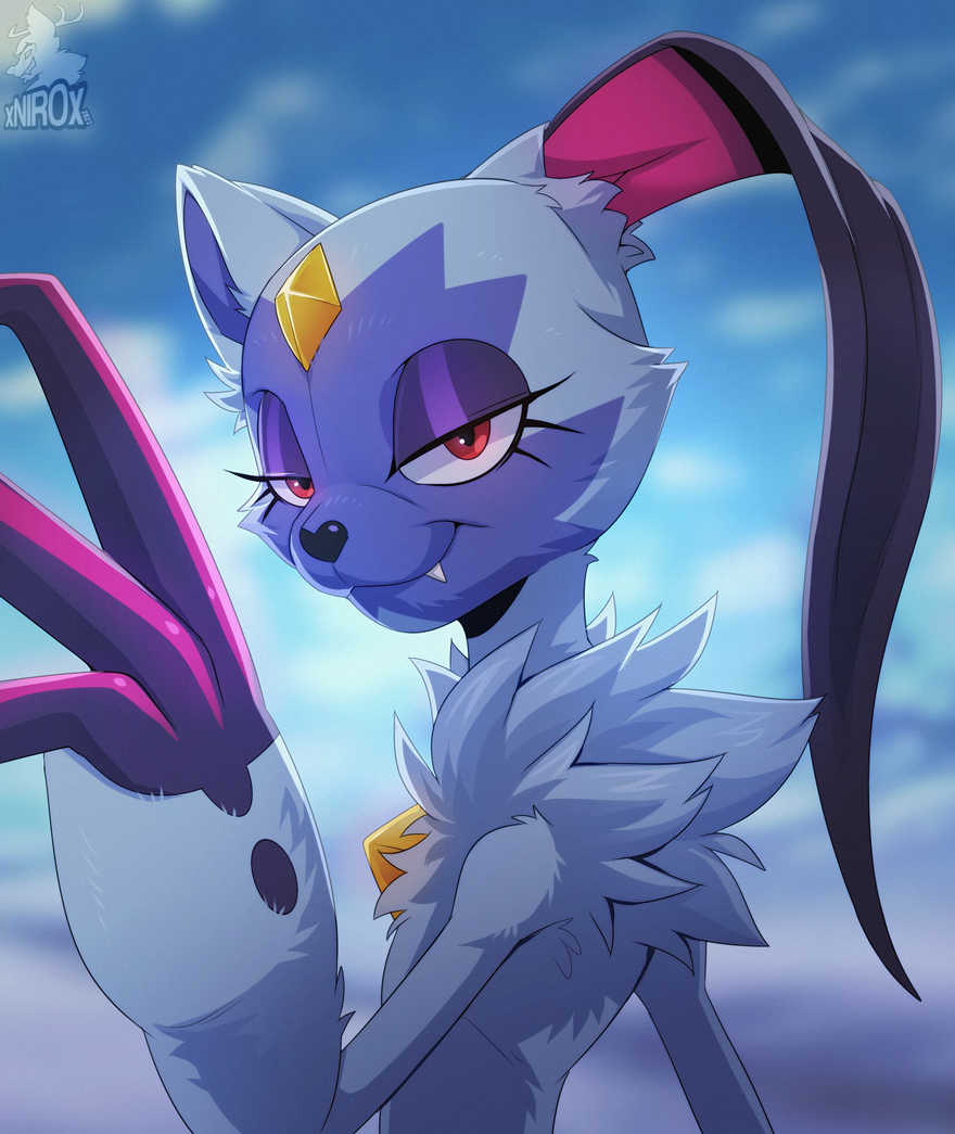 1girl, artist_name, blue_fur, blue_sky, chest_fur, chest_jewel, claws, clouds, cloudy_sky, commentary, english_commentary, fangs, forehead_jewel, furry, heart-shaped_nose, looking_at_viewer, niro_(xnirox), no_humans, pink_claws, pokemon, pokemon_(creature), pokemon_legends:_z-a, red_eyes, sky, smug, sneasler, solo, very_long_claws
