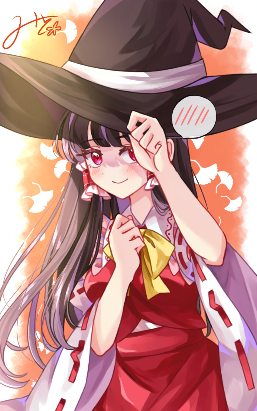 1girl, black_hat, blush, borrowed_clothes, bow, bowtie, brown_hair, closed_mouth