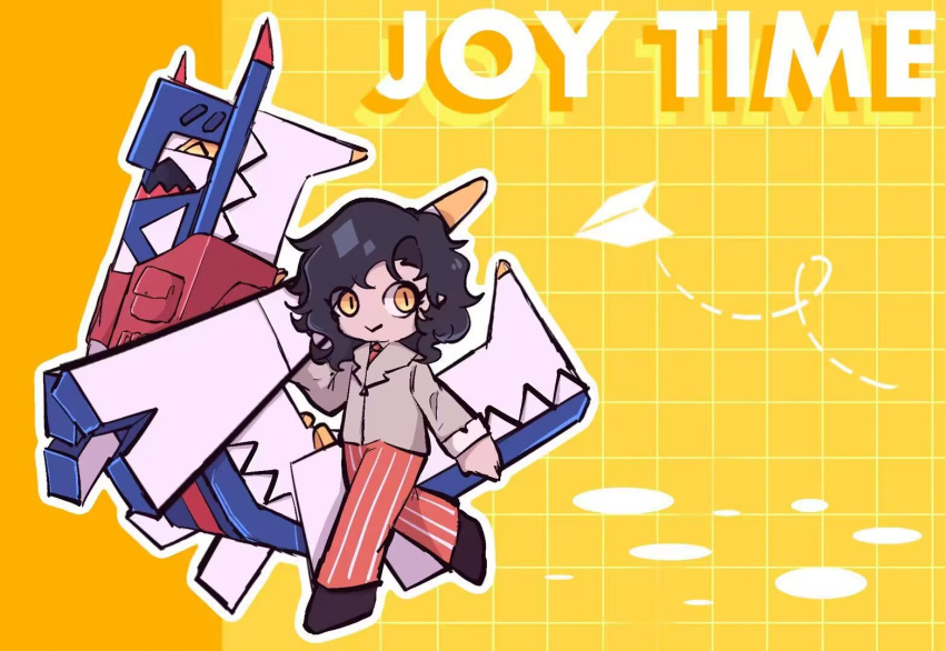 1girl, :>, archaludon, assault_vest_(pokemon), badfish08, black_hair, black_shoes, closed_eyes, closed_mouth, clothed_pokemon, colored_teeth, dotted_line, english_text, eyelashes, grey_jacket, grid_background, jacket, long_sleeves, lower_teeth_only, medium_hair, naranja_academy_school_uniform, open_mouth, orange_pants, outline, pants, paper_airplane, pokemon, pokemon_(creature), pokemon_sv, red_teeth, red_vest, school_uniform, sharp_teeth, shoes, slit_pupils, smile, striped_clothes, striped_pants, teeth, vertical-striped_clothes, vertical-striped_pants, vest, white_outline, yellow_background, yellow_eyes