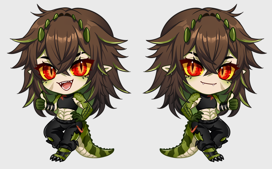 1girl, black_pants, black_shirt, chibi, closed_mouth, colored_inner_hair, colored_sclera, crocodile_girl