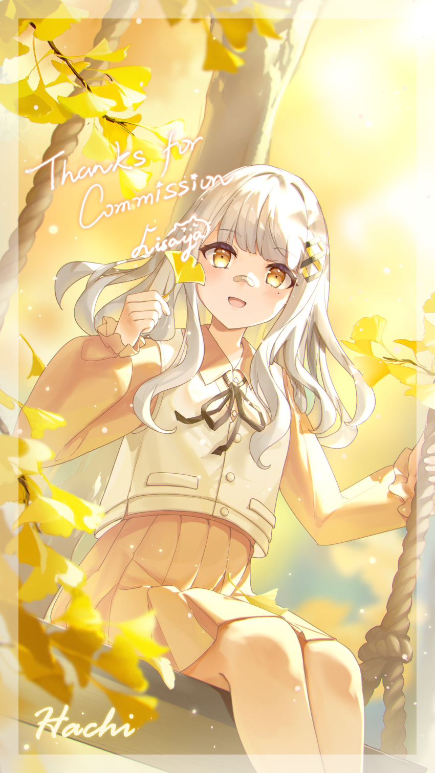 1girl, :d, absurdres, artist_name, autumn, autumn_leaves, bandaid, bandaid_on_face