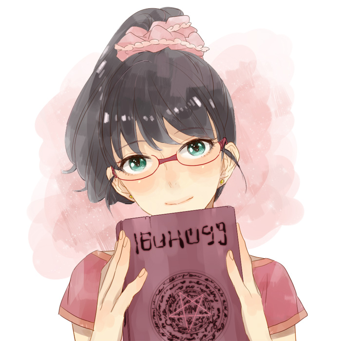 bad_id, black_hair, blush, book, earrings, glasses, head_tilt, jewelry, ponytail, sakuma_rinko, sanagi_dodoria, scrunchie, smile, solo, yondemasuyo_azazel-san