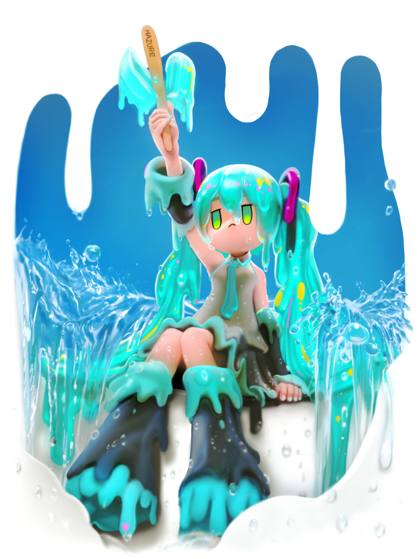 1girl, aqua_hair, aqua_necktie, arm_up, black_skirt, blue_background, boots, closed_mouth