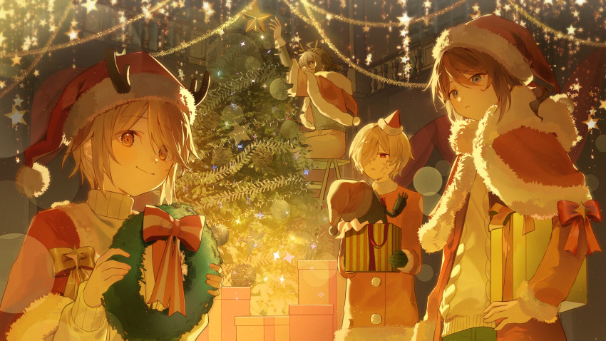 4boys, absurdres, andrew_kreiss, antlers, black_gloves, blonde_hair, bow, brown_hair