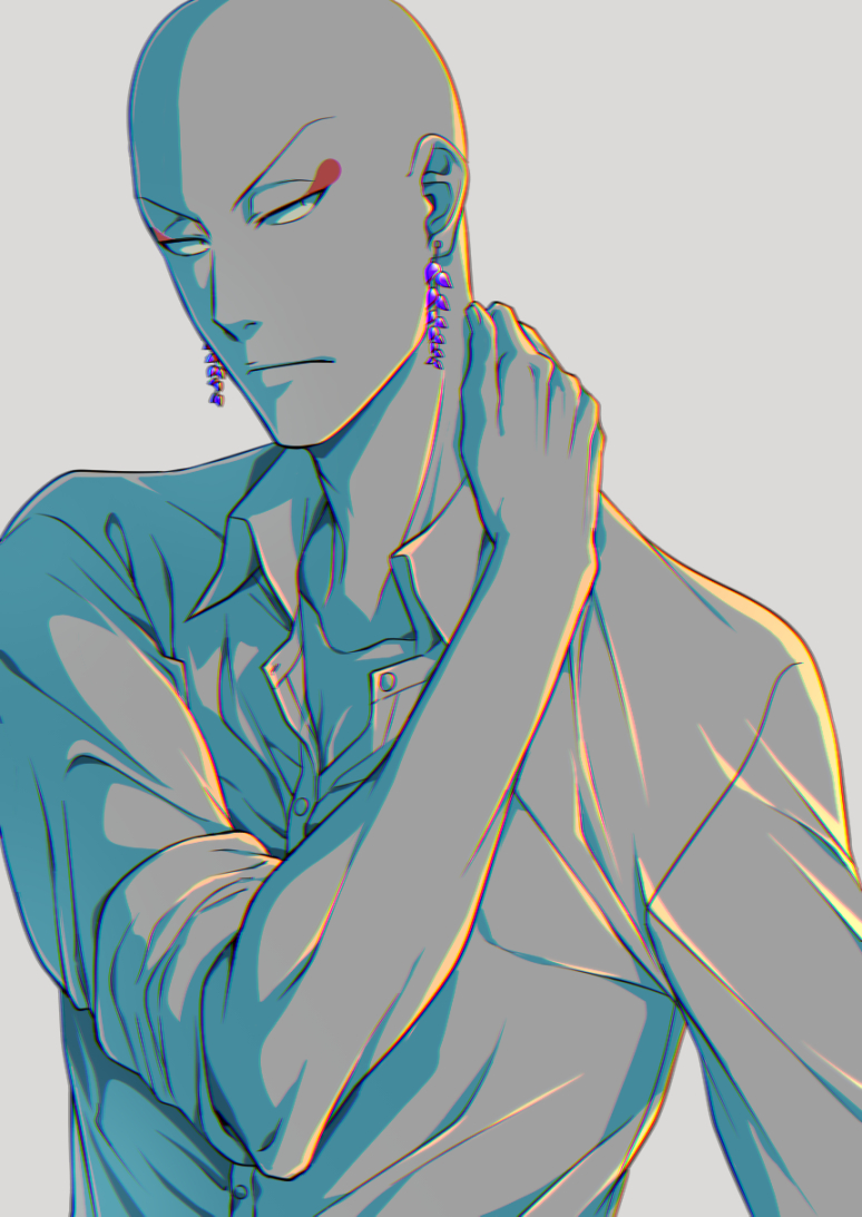 1boy, ayasegawa_yumichika, bald, bleach, collared_shirt, commentary_request, earrings, eyeliner