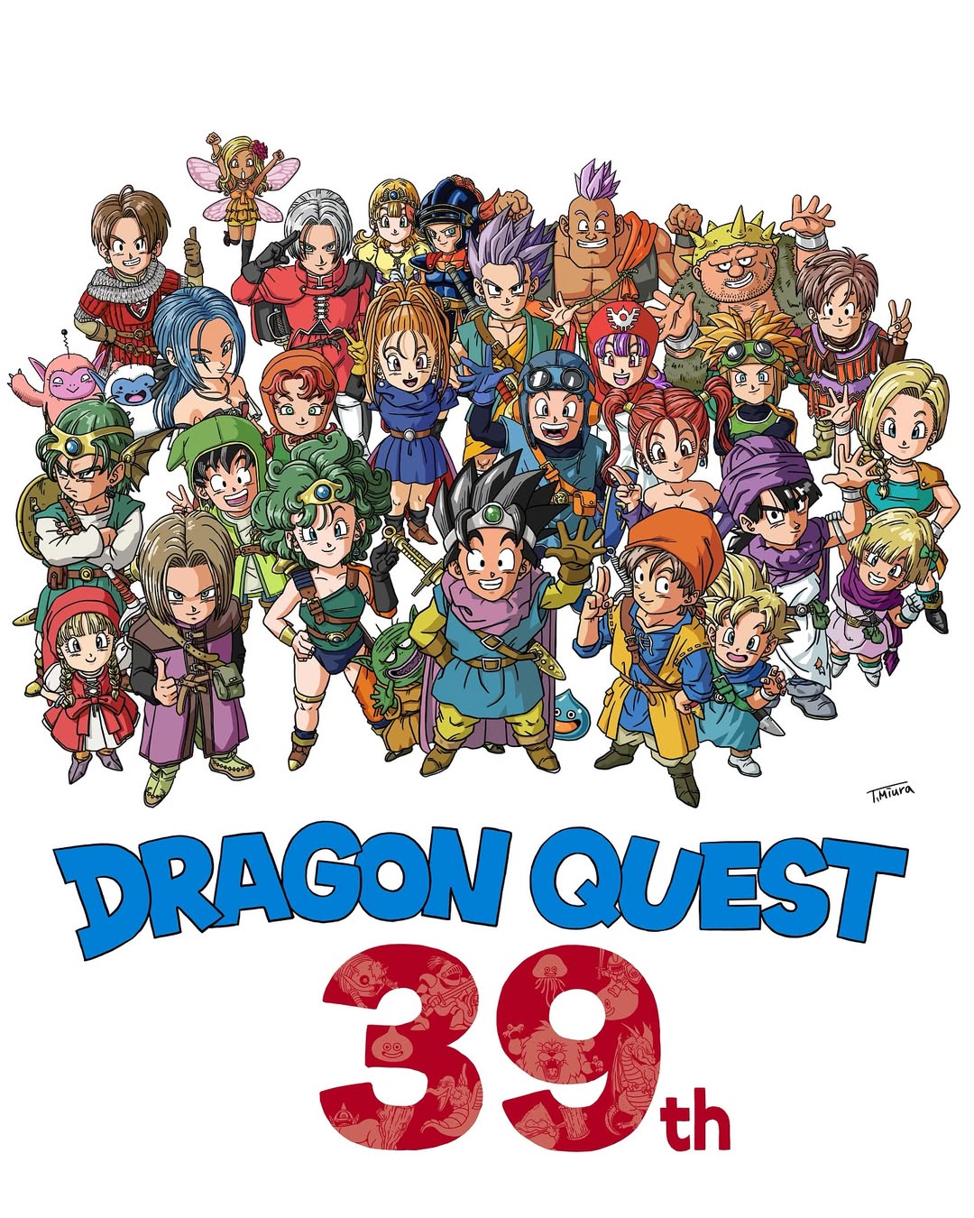 6+boys, 6+girls, anniversary, arm_up, armor, bandana, barbara_(dq6), bare_shoulders, bianca_(dq5), black_gloves, black_hair, blonde_hair, blue_armor, blue_dress, blue_eyes, blue_hair, blue_hat, blue_tunic, boots, bow, bracelet, braid, breasts, brown_gloves, brown_hair, cape, circlet, closed_mouth, coat, commentary_request, copyright_name, crossed_arms, curly_hair, dragon_ball, dragon_quest, dragon_quest_i, dragon_quest_ii, dragon_quest_iii, dragon_quest_iv, dragon_quest_ix, dragon_quest_monsters, dragon_quest_monsters_2, dragon_quest_v, dragon_quest_vi, dragon_quest_vii, dragon_quest_viii, dragon_quest_x, dragon_quest_xi, dress, earrings, fairy, fairy_wings, fake_horns, fluffy_(dragon_quest), full_body, gloves, goggles, goggles_on_headwear, green_dress, green_hair, green_hat, green_tabard, green_tunic, grey_hair, grin, gyaru, hair_bow, hassan_(dq6), hat, helmet, hero's_daughter_(dq5), hero's_son_(dq5), hero_(dq1), hero_(dq10), hero_(dq11), hero_(dq3), hero_(dq4), hero_(dq5), hero_(dq6), hero_(dq7), hero_(dq8), hero_(dq9), heroine_(dq4), highres, horned_helmet, horns, in-franchise_crossover, jacket, jessica_albert, jewelry, kukuru_(dq8), large_breasts, long_hair, looking_at_viewer, low_ponytail, low_twin_braids, maribel_(dq7), multiple_boys, multiple_girls, neck_ring, off-shoulder_shirt, off_shoulder, open_clothes, open_coat, open_mouth, orange_cape, orange_hair, pants, parted_bangs, ponytail, prince_of_lorasia, prince_of_samantoria, princess_laura, princess_of_moonbrook, purple_cape, purple_coat, purple_hair, purple_turban, red_bandana, red_dress, red_hair, red_hat, red_hood, red_jacket, red_pants, red_tunic, robe, roto_(dq3), ruida, sandy_(dq9), scruffy_(dragon_quest), shield, shield_on_back, shirt, signature, single_braid, sleeveless, sleeveless_coat, slime_(dragon_quest), smile, spiky_hair, standing, sword, sword_on_back, tabard, takeshi_miura, thumbs_up, tiara, toriyama_akira_(style), trode, tunic, twin_braids, twintails, v, veronica_(dq11), waving, weapon, weapon_on_back, white_background, white_gloves, white_robe, white_tunic, wings, yangus, yellow_coat, yellow_dress