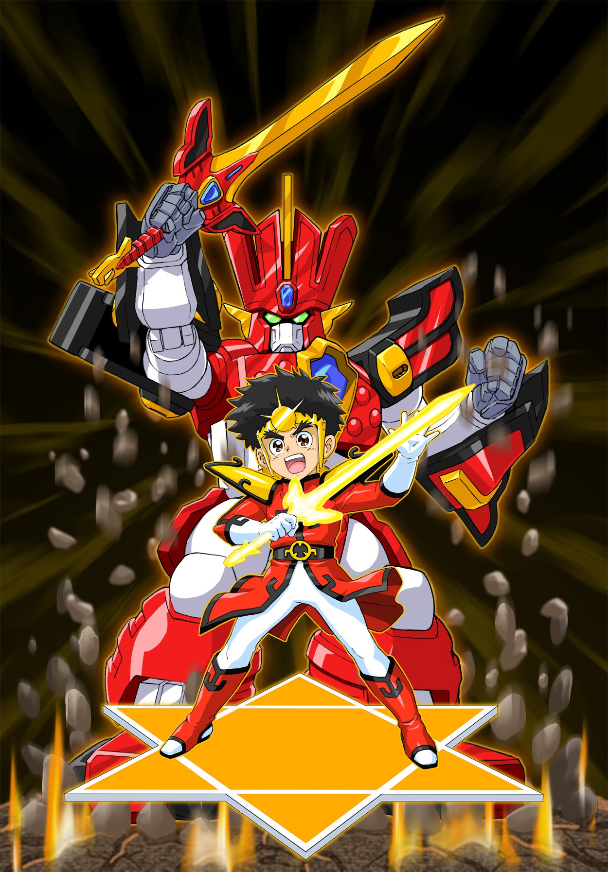 1boy, arm_up, armor, belt, black_belt, black_hair, boots, brown_eyes