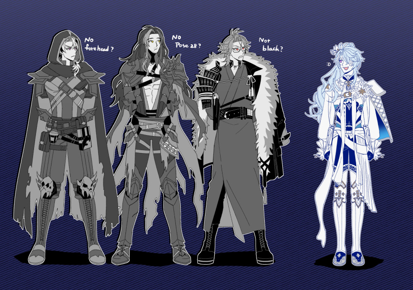 4boys, :d, abs, antenna_hair, armor, armored_boots, arms_behind_back, beard_stubble