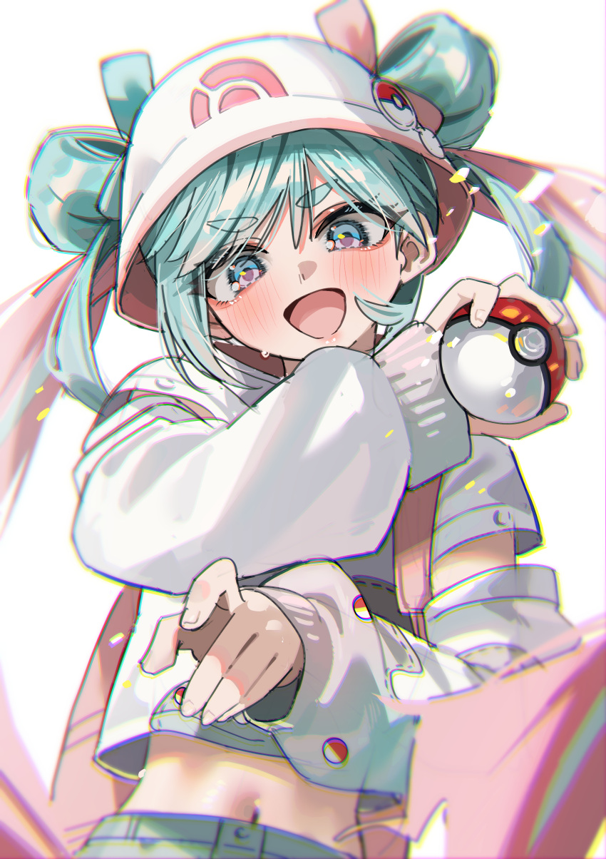 1girl, :d, absurdres, aqua_hair, blush, commentary_request, glorious_day_(vocaloid), green_tea_(matchaistasty), grey_skirt, hair_through_headwear, hatsune_miku, highres, holding, holding_poke_ball, long_hair, long_sleeves, midriff, multicolored_hair, navel, official_alternate_costume, official_alternate_hairstyle, open_mouth, pink_bag, pink_hair, poke_ball, poke_ball_print, pokemon, project_voltage, shirt, simple_background, skirt, smile, solo, stomach, twintails, very_long_hair, vocaloid, white_background, white_shirt