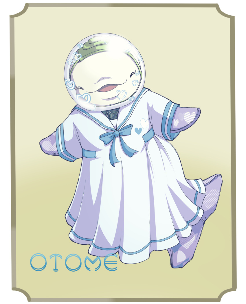 1girl, alternate_costume, beluga_whale, bow, character_name, commentary_request, gnosia, helmet, highres, looking_at_viewer, nikolacpm, no_humans, open_mouth, otome_(gnosia), school_uniform, serafuku, short_sleeves, smile, solo, space_helmet