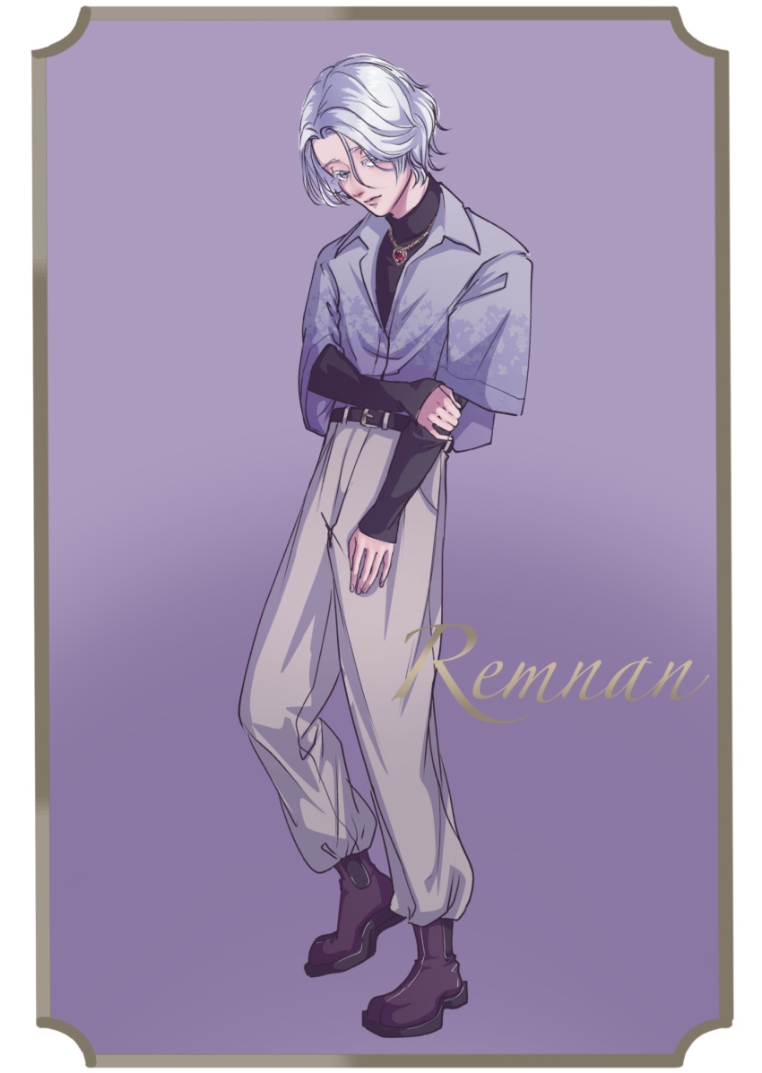 1boy, alternate_costume, boots, commentary_request, gnosia, grey_eyes, grey_hair, hair_between_eyes