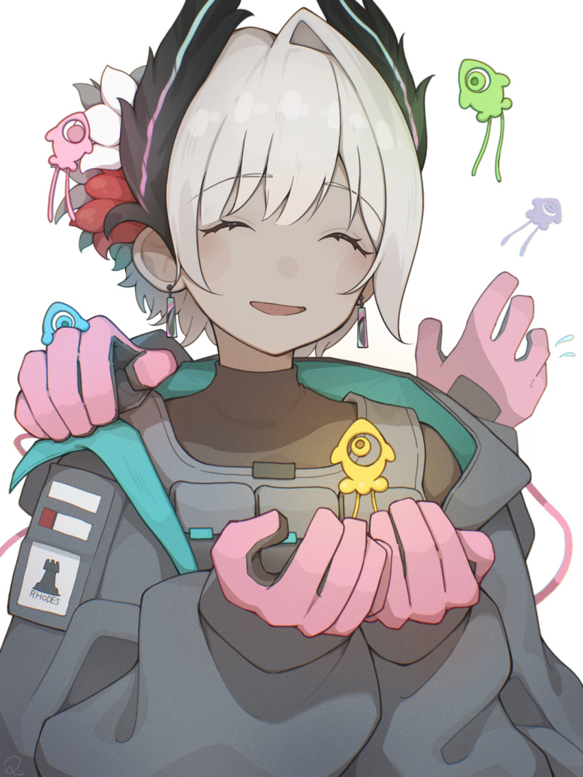 1girl, arknights, black_gloves, closed_eyes, commentary_request, dark-skinned_female, dark_skin, extra_arms