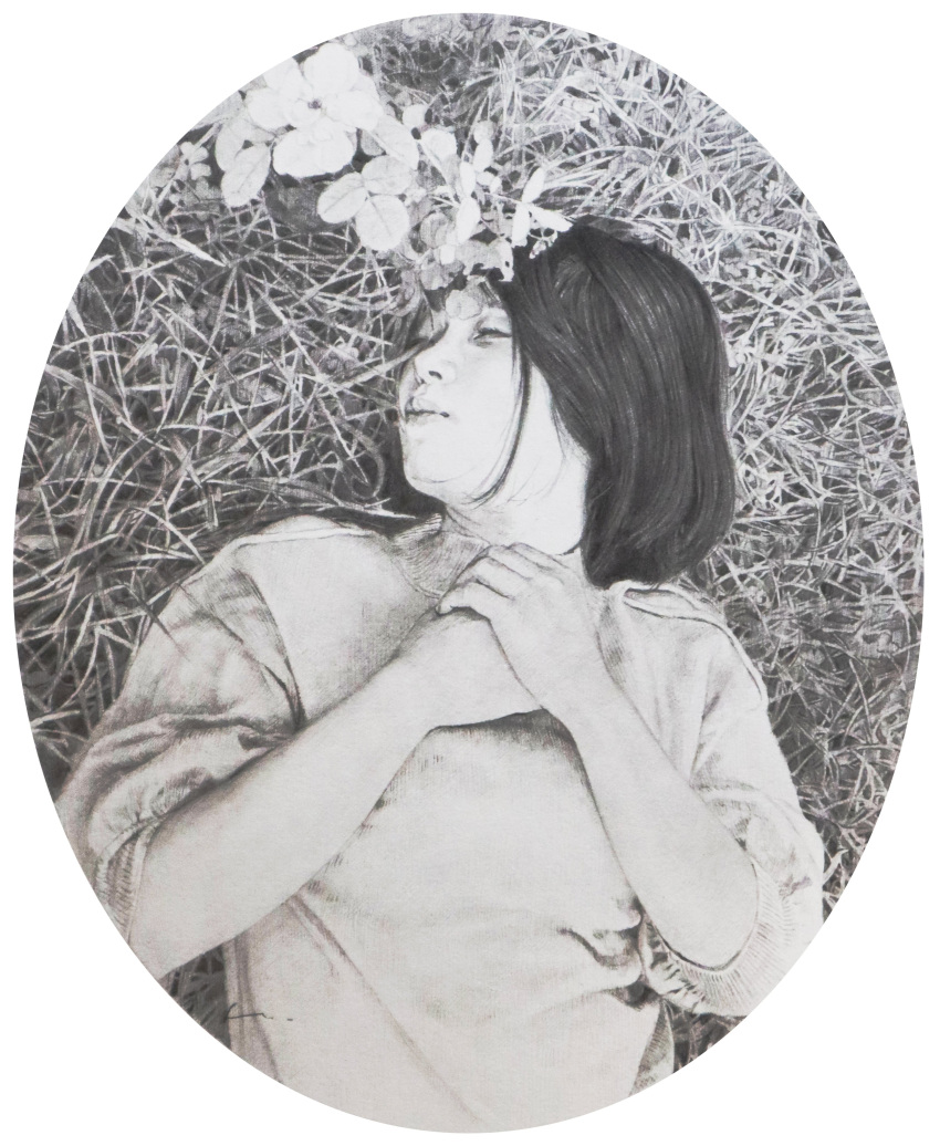 1girl, absurdres, asian, black_hair, commentary_request, grass, greyscale, highres