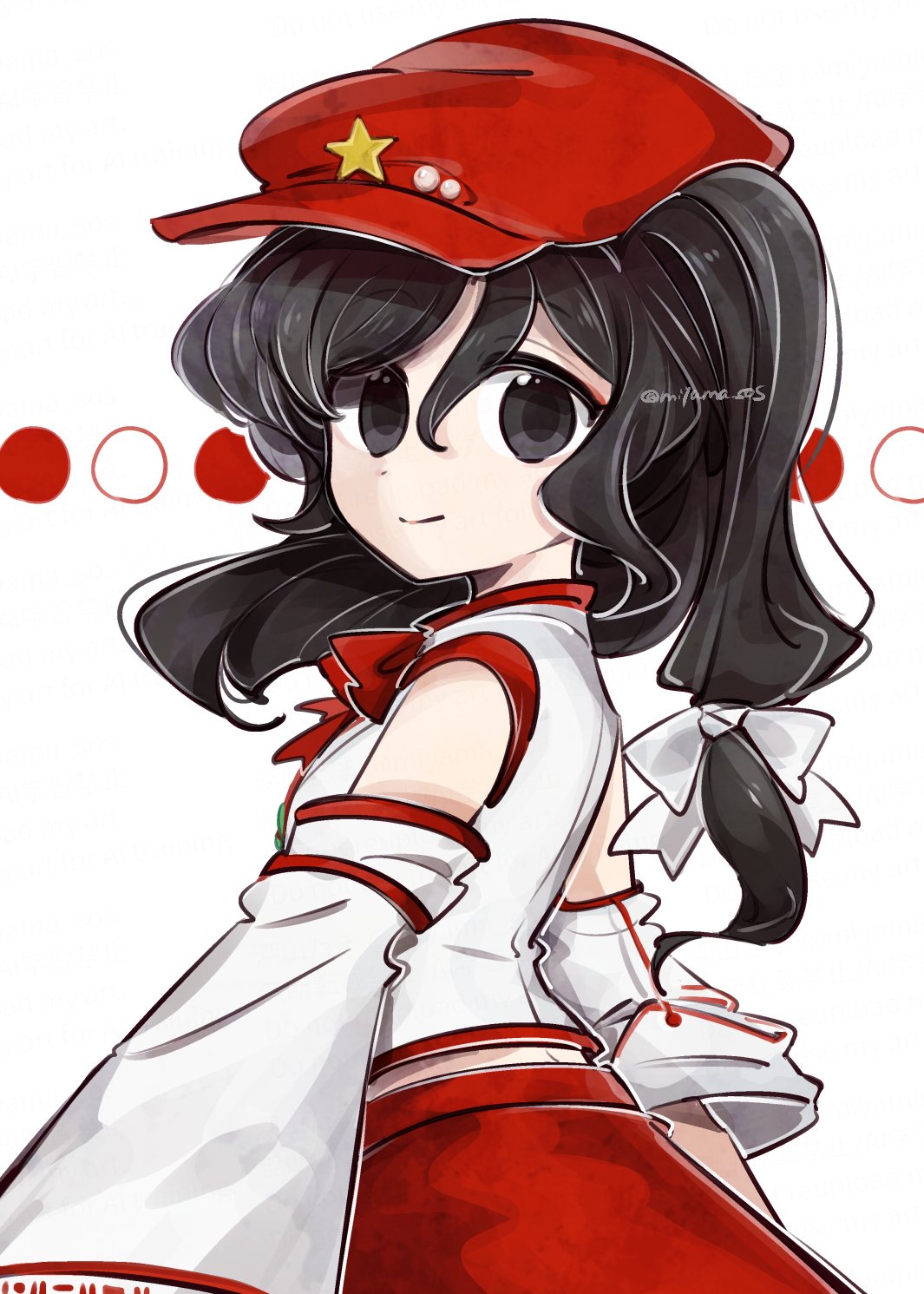 1girl, black_eyes, black_hair, bow, closed_mouth, commentary_request, detached_sleeves, dolls_in_pseudo_paradise