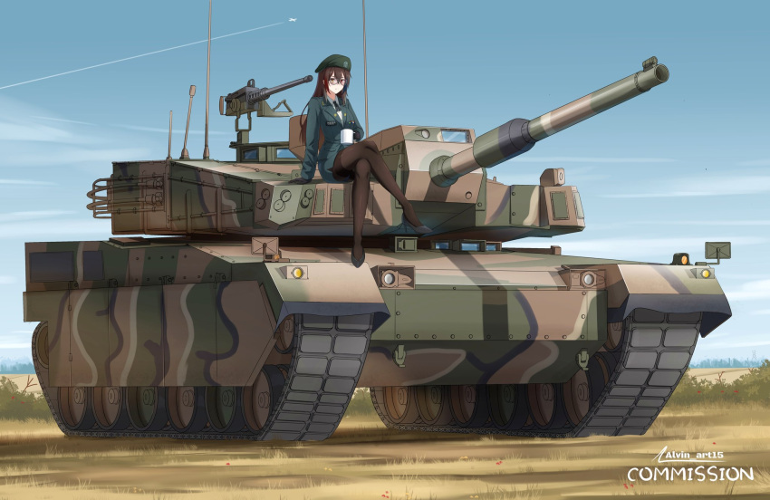 1girl, aircraft, alvin_art15, artist_name, beret, black_pantyhose, brown_hair, browning_m2