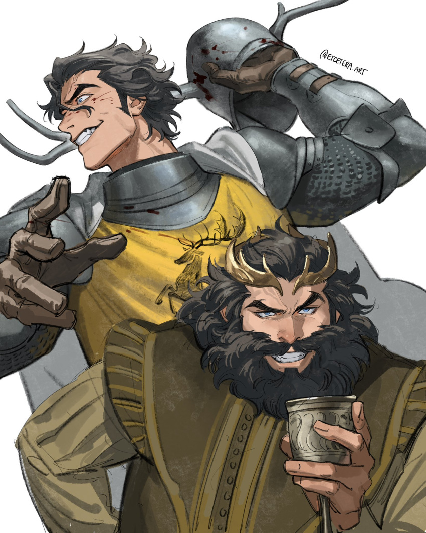 1boy, a_song_of_ice_and_fire, aged_down, armor, beard, black_hair, blue_eyes, cape, commentary, crown, cup, english_commentary, etceteraart, facial_hair, fat, fat_man, game_of_thrones, grin, helmet, highres, holding, holding_cup, king, knight, long_hair, looking_at_viewer, male_focus, multiple_views, robert_baratheon, simple_background, smile, teeth, white_background, white_cape
