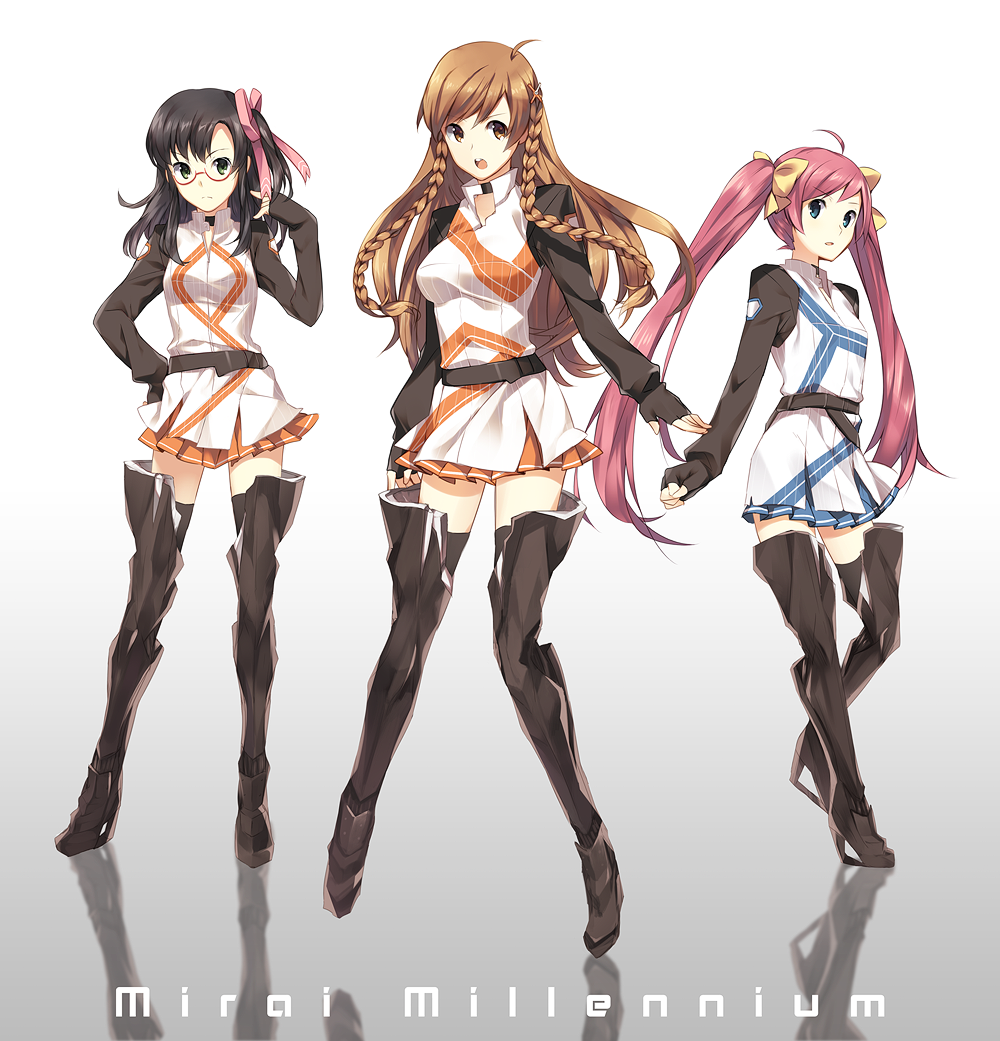 3girls, aqua_eyes, bangs, belt, black_hair, boots, bow, braid